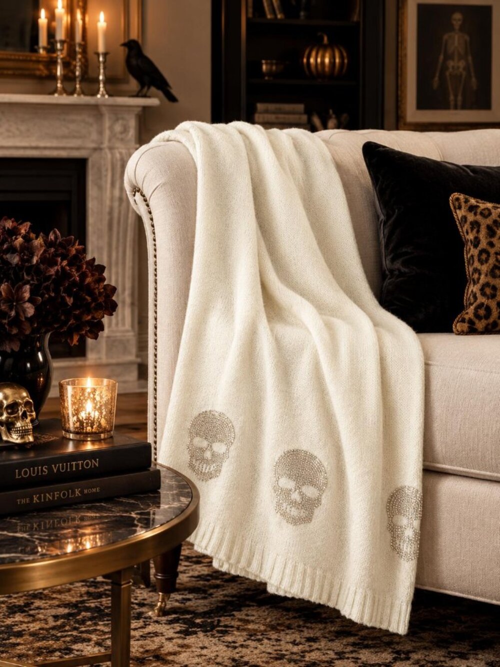 NWT Quiet Luxury Acrylic Off-White Knitted Throw Blanket Gold Rhinestone Skulls
